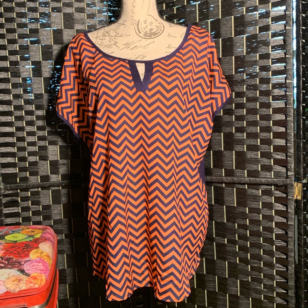 Navy and Orange Zig Zag Short Sleeved Top by espresso Los Angeles